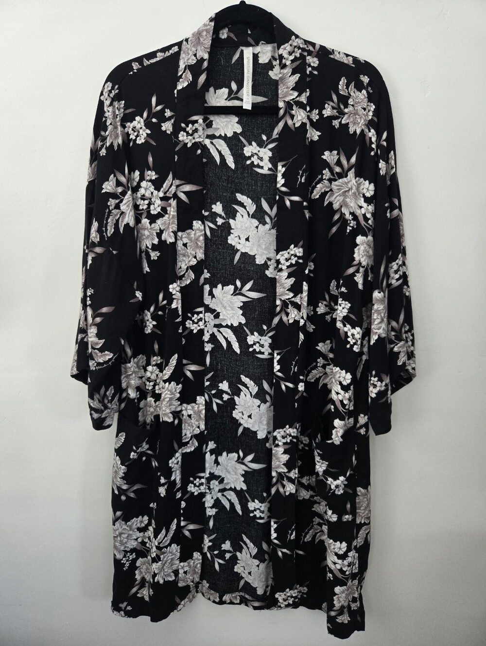 Spiritual Gangster Maya Kimono Black Floral Tie Front One Size 100% Rayon.